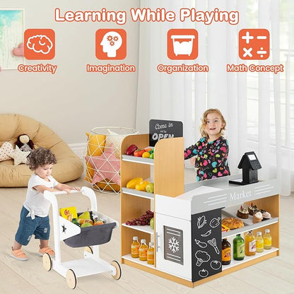 HONEY JOY Kids Grocery Store Playset, Wooden Play Store with Shopping Cart, Toddler Supermarket Checkout Stand w/Blackboard, Display Shelves, Grocery Store Pretend Play, Gift for Boys Girls, Natural
