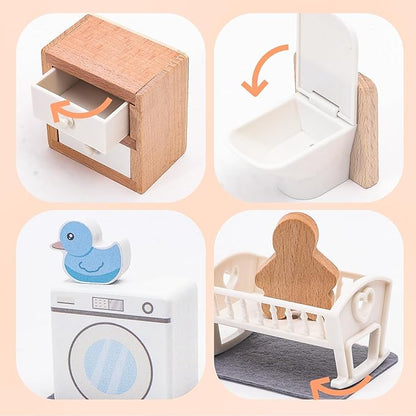 Wooden Dollhouse Furniture Set Elegant Kid’s Room & Bathroom Doll House Accessories, Premium Wood Toys for 3-6 Year Olds, Dollhouse Decor Set for Girls & Boys Birthday Christmas