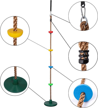 Sunnyglade 6.5 ft Kids Climbing Rope Tree Swing Seat Set with Platforms & Disc Outdoor Swing Seat Including Hanging Strap & Locking Carabiner
