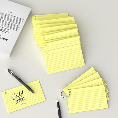 250 Count Yellow Index Cards 3x5 Inch with Key Ring, Color Flash Index Card (50 Sheets Each), Durable & Portable Note Taking for Students, Teachers, Study Note Cards for Office Home School