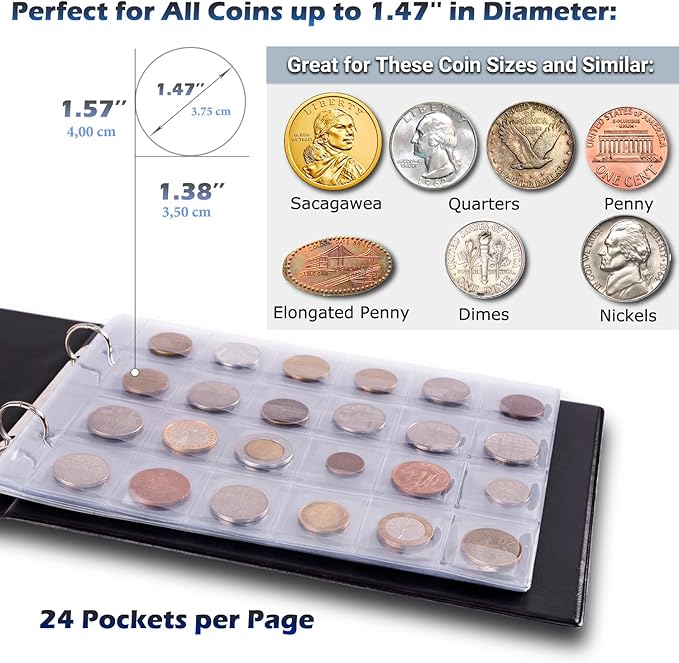3in1 Coin Collection Holder Classic Album 190 Pockets - Paper Money Collector - Large Storage Book Organizer Display for Gold Silver Dollars Dollar Bill Currency Quarters Penny Foreign Coins (Blue)