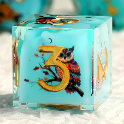 DNDND Owl Aqua Blue Translucent Resin Dice Set - 7-Piece Sharp Edge RPG Dice for D&D with Stickers, Handcrafted Premium Metal Case Gift