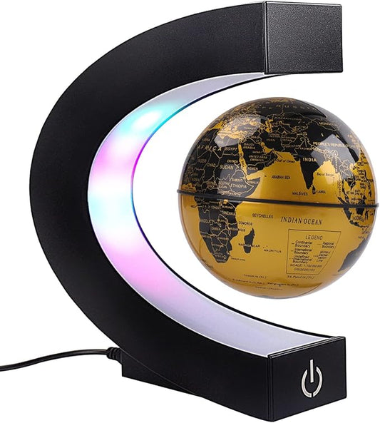Floating Globe with Colored LED Lights C Shape Anti Gravity Magnetic Levitation Rotating World Map with Touch Switch for Gift Home Office Desk Decoration With Switch (Gold)
