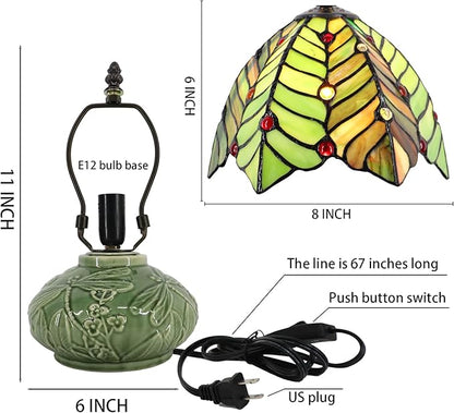 Small Tiffany Lamp Mushroom Table Lamp, Mini Stained Glass Desk Light Memory Sympathy Ceramic lamp 8X11 Inch (Brown Green Leaf)