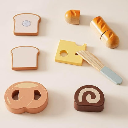 ROBOTIME Wooden Play Food Cutting Bread Set, Pretend Play Toy Food for Play Kitchen with Shopping Bag – Kids Kitchen Accessories, Wooden Bread Toys for Boys & Girls