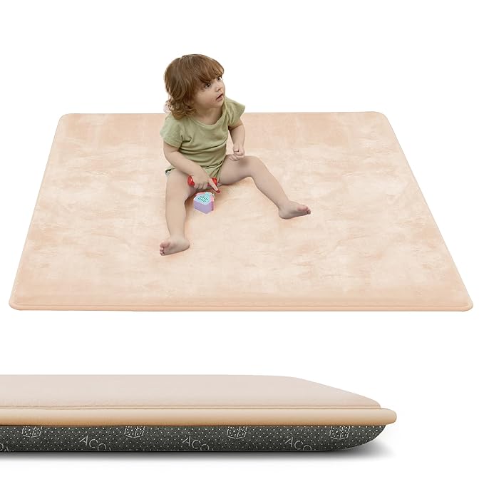 ACOMOPACK 1.3" Thick Baby Play Mat for Floor 50x50"-Memory Foam Water-Repellent Playpen Mat for Tummy Time,Non-Slip Soft Velvet Nursery Rug for Kids,Toddlers,Infants Crawling（Blush）