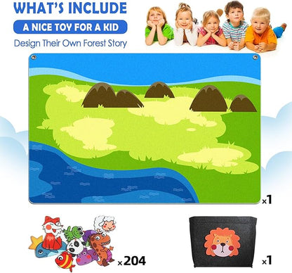 204Pcs Animals Felt Busy Board Story Set with Storage Bag Preschool Large Wall Storyboard Forest Themed Early Learning Interactive Play Kit Wall Hanging Gift for Toddlers Kids 40 X 28 Inch