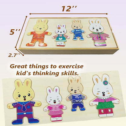 Wooden Bunny Family Dress-up Puzzle Box for Toddlers(72pcs),Change Clothes Puzzle Games, Preschool Learning Activities Toys for Kids Ages 3+