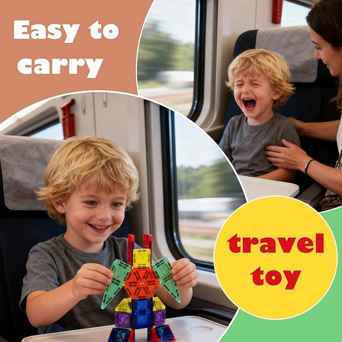 42PCS Mini Magnetic Tiles Building Blocks Set with Portable Iron Case, STEM Travel Toys for Kids Ages 3+, Educational Magnet Construction Puzzles for Boys and Girls,Toddler Puzzle Birthday Gift Toys