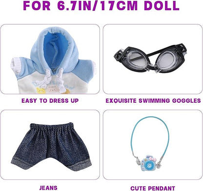 Clothes for Doll 4-Piece 17cm Doll Outfit with Blue Hoodie, Jeans, Glasses & Mini Backpack Clothes Only