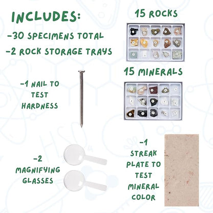 Toysmith STEM Rock & Mineral Science Kit for Kids – 30 Geology Specimens with Magnifying Viewer, Identification Guide & Testing Tools – Educational Toy for Young Geologists, Ages 8+