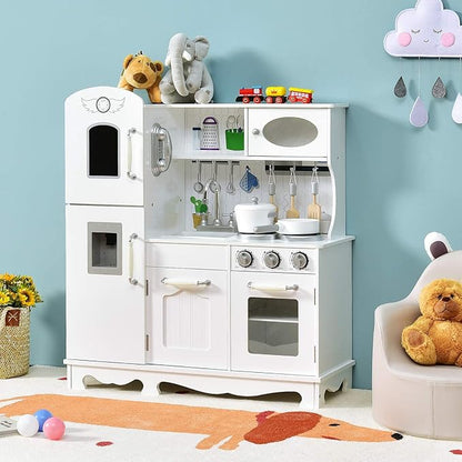 Costzon Kids Kitchen Playset, Wooden Toddlers Toy Kitchen with Light & Sound, Microwave, Ice Maker, Oven, Sink & Faucet, Cooking Accessories, Pretend Play Kitchen, Gift for Boys Girls Age 3+
