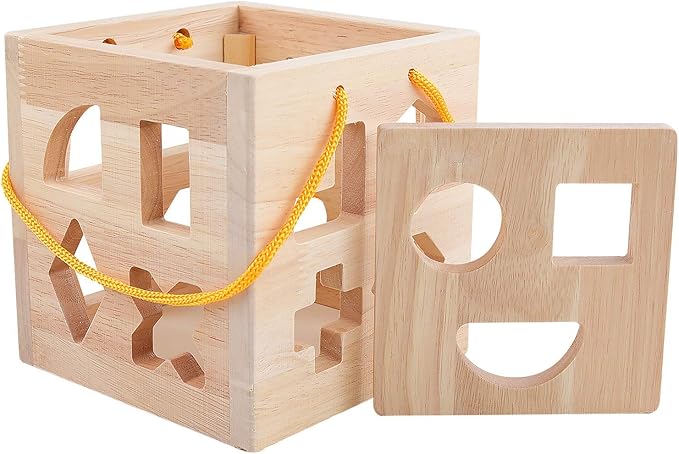 QZMTOY Shape Sorter Toys with 19 Shape Blocks, Classic Wooden Toys for Toddlers Kids, Gift for Girls Boys 2-4 (Natural Solid Wood)
