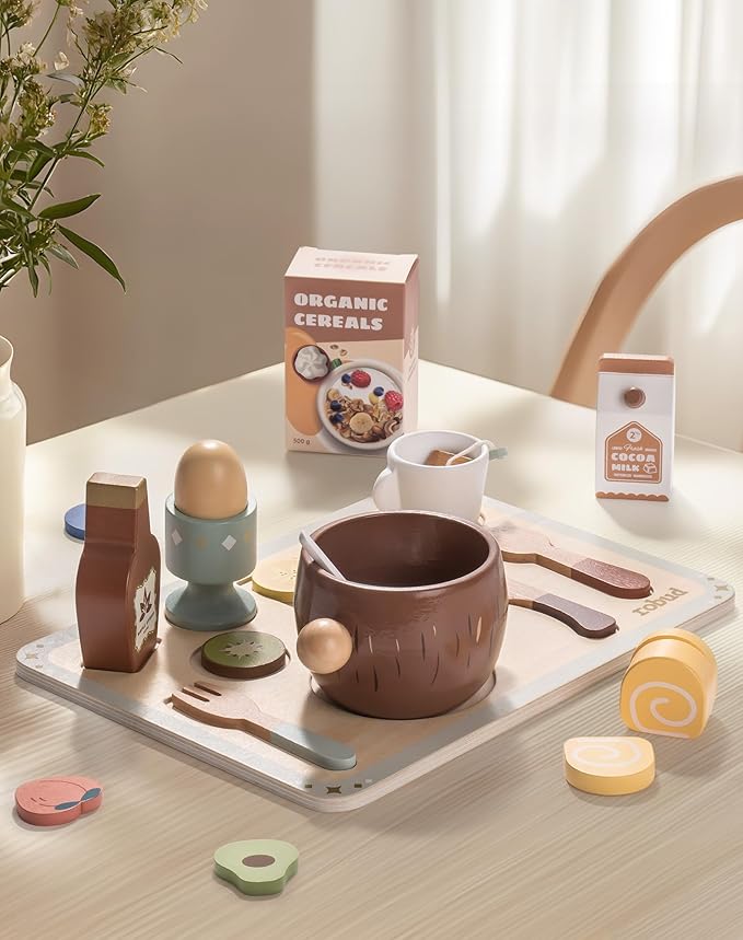 ROBUD 31-Piece Wooden Play Food Set for Kids - Coconut Oats Montessori Kitchen Toys, Educational Pretend Play Dishes with Accessories for Toddlers