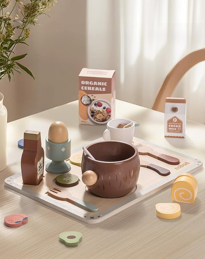 ROBUD 31-Piece Wooden Play Food Set for Kids - Coconut Oats Montessori Kitchen Toys, Educational Pretend Play Dishes with Accessories for Toddlers