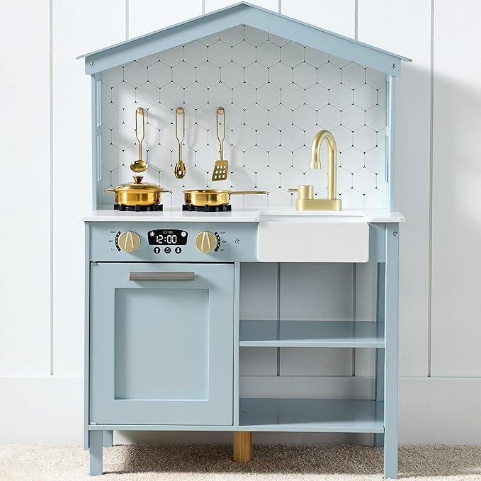Best Choice Products Pretend Play Wooden Farmhouse Kitchen Set for Kids w/Toy Storage, Clicking Knobs, Windows, 5 Accessories Included - Ocean