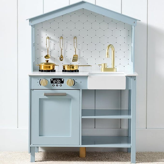 Best Choice Products Pretend Play Wooden Farmhouse Kitchen Set for Kids w/Toy Storage, Clicking Knobs, Windows, 5 Accessories Included - Ocean
