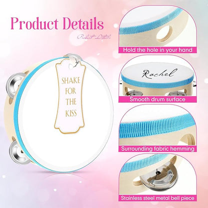 24 Set Tambourine for Adults Wooden Hand Held Drum with Metal Jingles, Gift Tags, White I Love You Printed Ribbon Percussion Gift Musical Instrument for Church Wedding Party (Colorful,6 Inch)