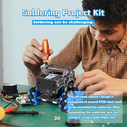 PEMENOL DIY Soldering Robot Car Kit for Teens Aged 15+, Mecanum Wheels 360° Omnidirectional Movement, Dual Remote & WiFi Control, STEM Electronics Project Present for Students & Hobbyists