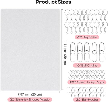 Auihiay 170PCS Shrinky Art Kit for DIY Keychain Making, Shrink Dink Paper Kit with 20PCS Big Size Shrinky Plastic Sheets and Keychains, for Halloween & Christmas Ornament （7.87 x11.4inch/20x29cm）