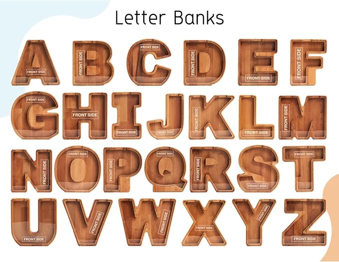 Personalized Wooden Piggy Bank – Custom Letter T Coin Bank in Beech Wood with Clear Acrylic Front, Engraved Name Option, Money Saving Box for Kids and Adults