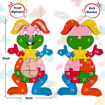 LovesTown Rabbit Wooden Puzzles, 26PCS Alphabet and Number Building Blocks Wood Jigsaw Puzzle for Kids Preschool, Medium