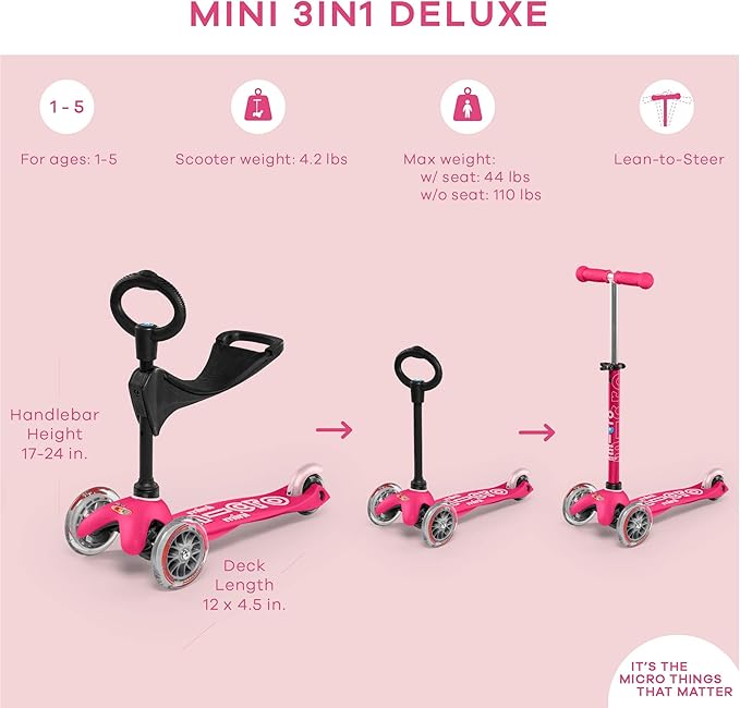 Micro Kickboard - Mini 3in1 Deluxe 3-Stage Ride-on Scooter Toddler Toys for Ages 12 Months to 5 Years