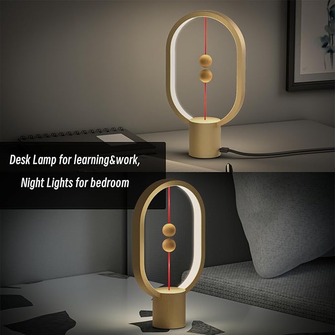 Bedroom Lamps - Mini Balance Lamps, Birthday Gifts, Bedside and Nightstand Lights, Plug-in Night Lights with Magnetic Base for Home, Office, and College Dorm (Wood Color)