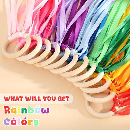 Junkin Ribbon Rings Hand Kite Waldorf Toys Dancing Wrist Ribbons Rainbow Streamers with Wood Ring Educational Toy for Playroom Dancing Birthday Party Gift(Solid Color,24 Pcs)