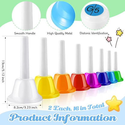 Fabbay 16 Pcs 8 Note Hand Bells Set Musical Handbells for Kids Colorful Diatonic Metal Bells Toy Percussion for Kids Toddlers Children Musical Teaching Church Chorus Wedding Family Birthday Party