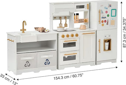 Teamson Kids Little Chef Atlanta Large Modular Wooden Play Kitchen with Interactive, Realistic Features, and 17 Kitchen Accessories, for 3yrs and up, White/Gold