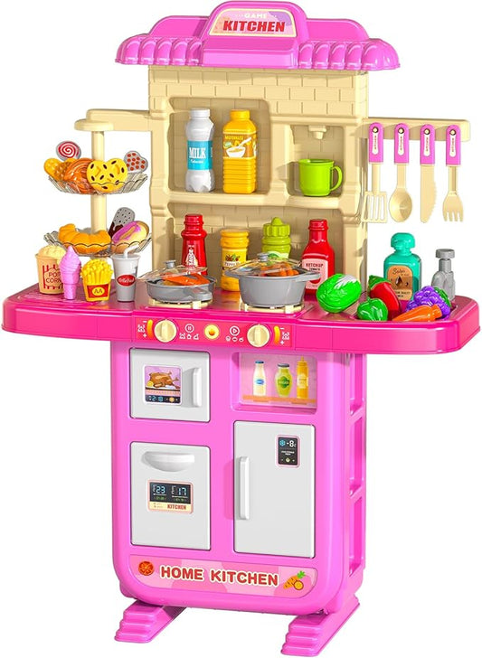 TEMI Pretend Food Kitchen Toys for Girls Age 3 4 5 6 7 8 - Kitchen Accessories Platset with Sound and Light, Cutting Food Toy, Pretend Play for Kids, Indoor Outdoor Cooking Set, Birthday Gifts 8-9