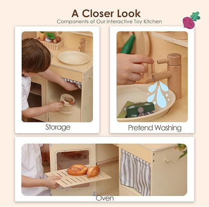 Wooden Play Kitchen for Kids, Realistic Pretend Kitchen Playset with Swivel Faucet & Kitchen Accessories Set for Toddlers Ages 3+