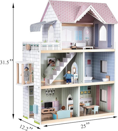 Giant bean Large Pink Wooden Dollhouse with Furniture for Girls with Doorbell, Light,Elevator, 6 Rooms 2.6ft High,15 Pcs Furniture & 3 Dolls, Kids Playhouse Toy for Girls 3-7+, 31.5" x 25" x 12.2"