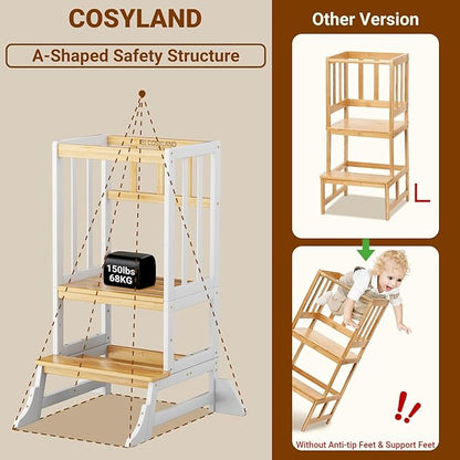COSYLAND Kitchen Tower for Toddlers with Anti-Tip Support – Lightweight Toddler Kitchen Stool Helper for Bathroom Living Room Dining Room – Solid Bamboo Standing Tower (Natural & White)