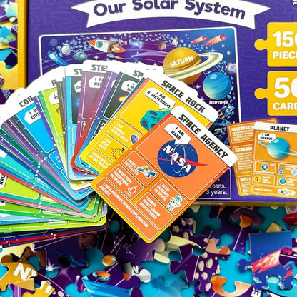 QUOKKA Puzzles for Kids Ages 8-10 - 150 Pcs Jigsaw Puzzles for 6-8 Year Olds - 400+ Facts on 50 Double-Sided Flashcards - Learn Space Education Activity Gift - Shaped Puzzle for Toddlers 4-6