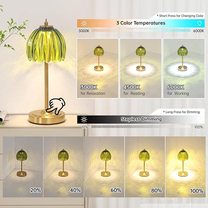 Set of 2 Cordless Table Lamp with 5000mAh Battery & Touch Control - 3 Adjustable Color Temperatures, Dimmable RechargeableTable Lamps for Bedroom, Office Desk, Nightstand (Green Tulip)