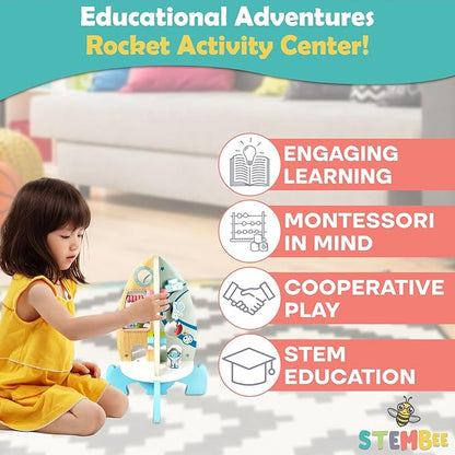 Space Rocket Wooden Activity Cube for Toddlers 1-3 - Includes Colorful Bead Maze for Montessori Sensory Development. Fun Toy Activity Center for Baby Boys & Girls. Excellent First Birthday Gift