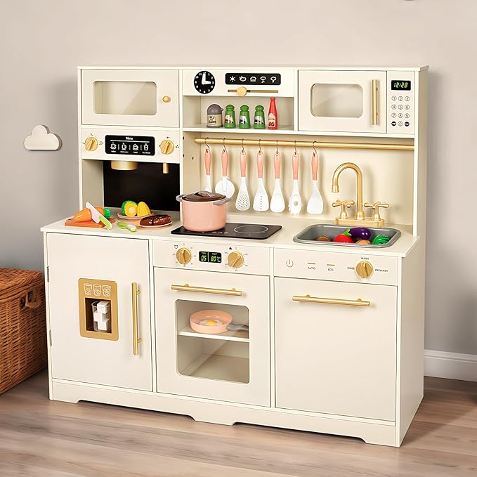 Wooden Play Kitchen for Toddler, Toy Kitchen Set for Kids Pretend Play with 41 Pcs Toy Food & Cookware Accessories, Kitchen Playset Gift for Boys and Girls Ages 3+