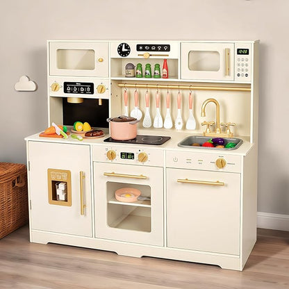 Wooden Play Kitchen for Toddler, Toy Kitchen Set for Kids Pretend Play with 41 Pcs Toy Food & Cookware Accessories, Kitchen Playset Gift for Boys and Girls Ages 3+