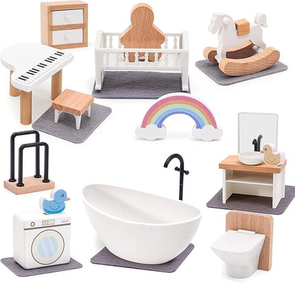 Wooden Dollhouse Furniture Set Elegant Kid’s Room & Bathroom Doll House Accessories, Premium Wood Toys for 3-6 Year Olds, Dollhouse Decor Set for Girls & Boys Birthday Christmas