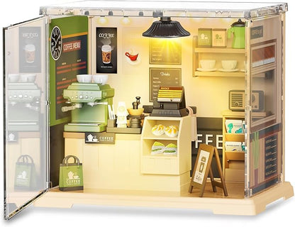 Coffee Shop Tiny House with LED Light Make It Miniature, DIY Miniature House Kit for Adults, Teens, and Beginners, Mini Dollhouse Kit with Home Decor Furniture, Gift for Friends and Hobbies