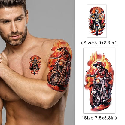 Motorcycle Temporary Tattoos for Adults and Kids, 77 Waterproof Fake Tattoos, 17 Half Arm Sheets and 60 Small Sheets Motocross Racing Rider Dirt Bike Skull Design