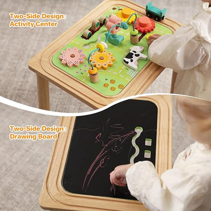 3-in-1 Baby Activity Table for 6-36 Months Old Kids Wooden Activity Center Sensory Play Table for Toddlers with Bead Maze Shape Sorter Montessori Toys Sand Table Must Have Birthday Gift for Girls Boys