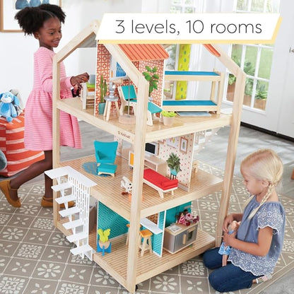KidKraft So Stylish Mansion Wooden Mid-Century 360-Play Dollhouse with Wheeled Base and 42 Accessories, Gift for Ages 3+