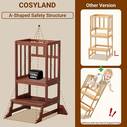 COSYLAND Toddler Step Stool Height Adjustable – Portable Kids Kitchen Stool Helper with Stabilizing Base Block – Toddler Standing Tower for Bathroom Living Room Dining Room (Brown)