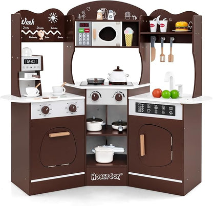 HONEY JOY Corner Play Kitchen, Toddler Wooden Toy Kitchen Set w/Lights, Coffee Maker, Microwave, Sink, Faucet, Little Chef Pretend Play Kids Kitchen Playset for Boys Girls (Coffee)