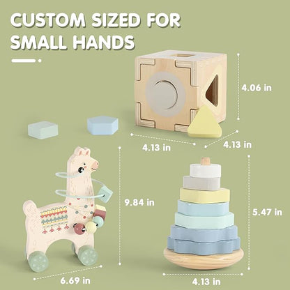 Freniland Montessori Toys for 1 Year Old，3-in-1 Wooden Baby Toys，Wooden Stacking Toy，Toddler Shape Sorting Cube, Llama Ring Toy,Newborn Baby Gift Sets for Boys and Girls