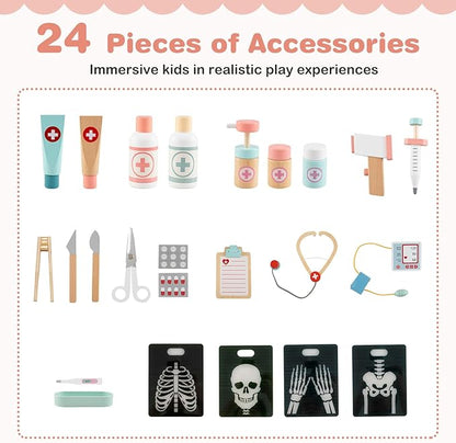 HONEY JOY Kids Wooden Doctor Play Set, 2 In 1 Checkup Medical Office Center & Vet Clinic Station, Exam Area & Interactive Accessories, X-Ray, Toddler Pretend Hospital Playset Kit for Boys Girls (Pink)