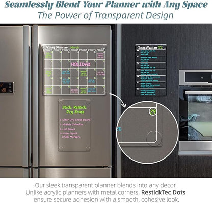 Clear Non-Magnetic Calendar Set for Fridge - Dry Erase Transparent Monthly, Weekly Calendar and Blank Board - Sticks to Wall, Glass, Door, Any Smooth Surfaces